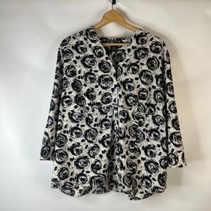 Scott Taylor Blouse Women 2X Black White Floral Rose Swirl 3/4 Sleeve Top